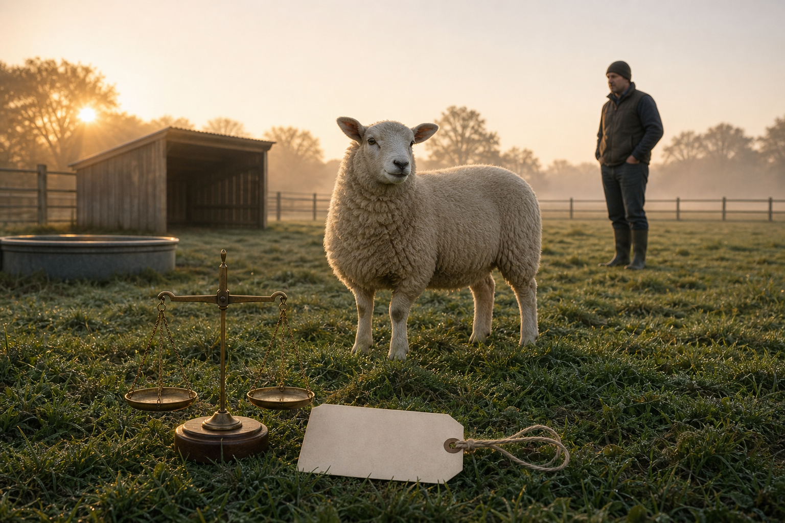 A sheep stands in a clean pasture enclosure while a farmer observes nearby, with a balance scale and an unmarked tag in the foreground.