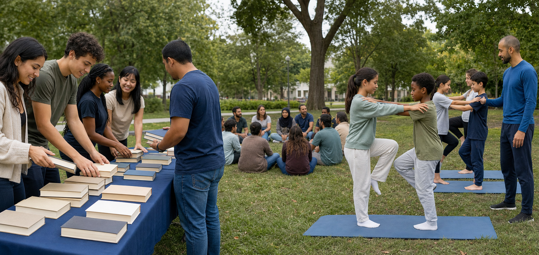 Youth volunteers share unbranded books while another group practises controlled balance exercises, with a reflection circle between them.