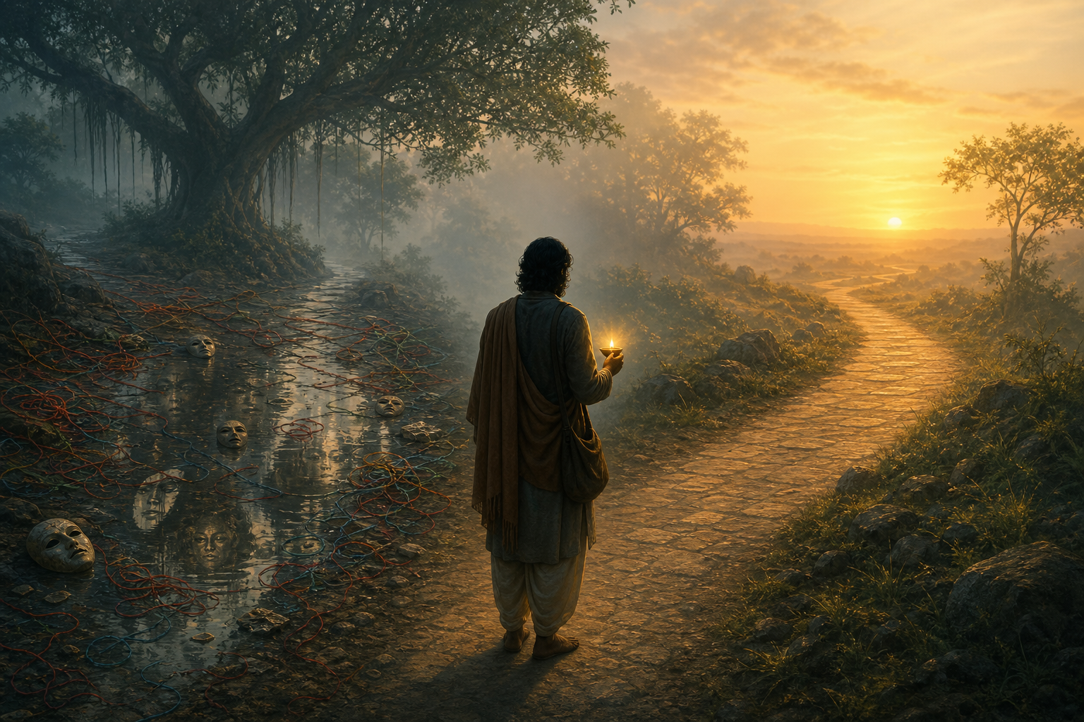 A traveler holding an oil lamp chooses between a tangled reflective path and a clear path leading toward a bright horizon.