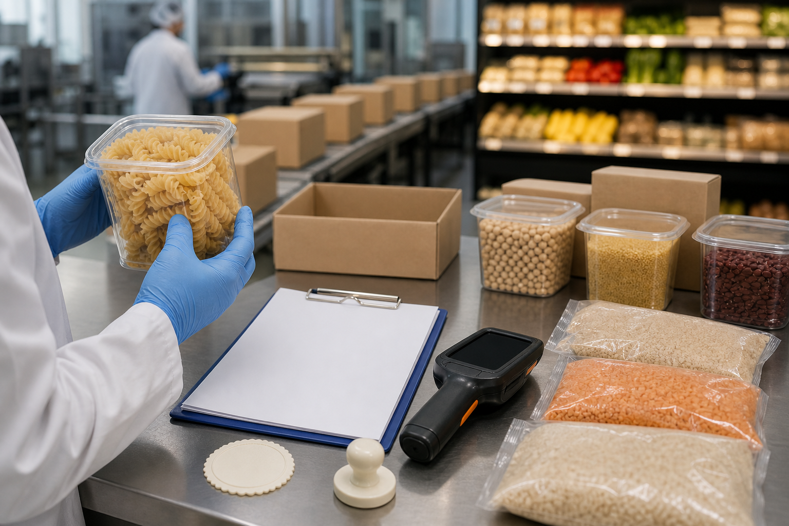 Gloved hands inspect sealed food containers beside blank paperwork, an unmarked seal, and a scanner in a supply workspace.