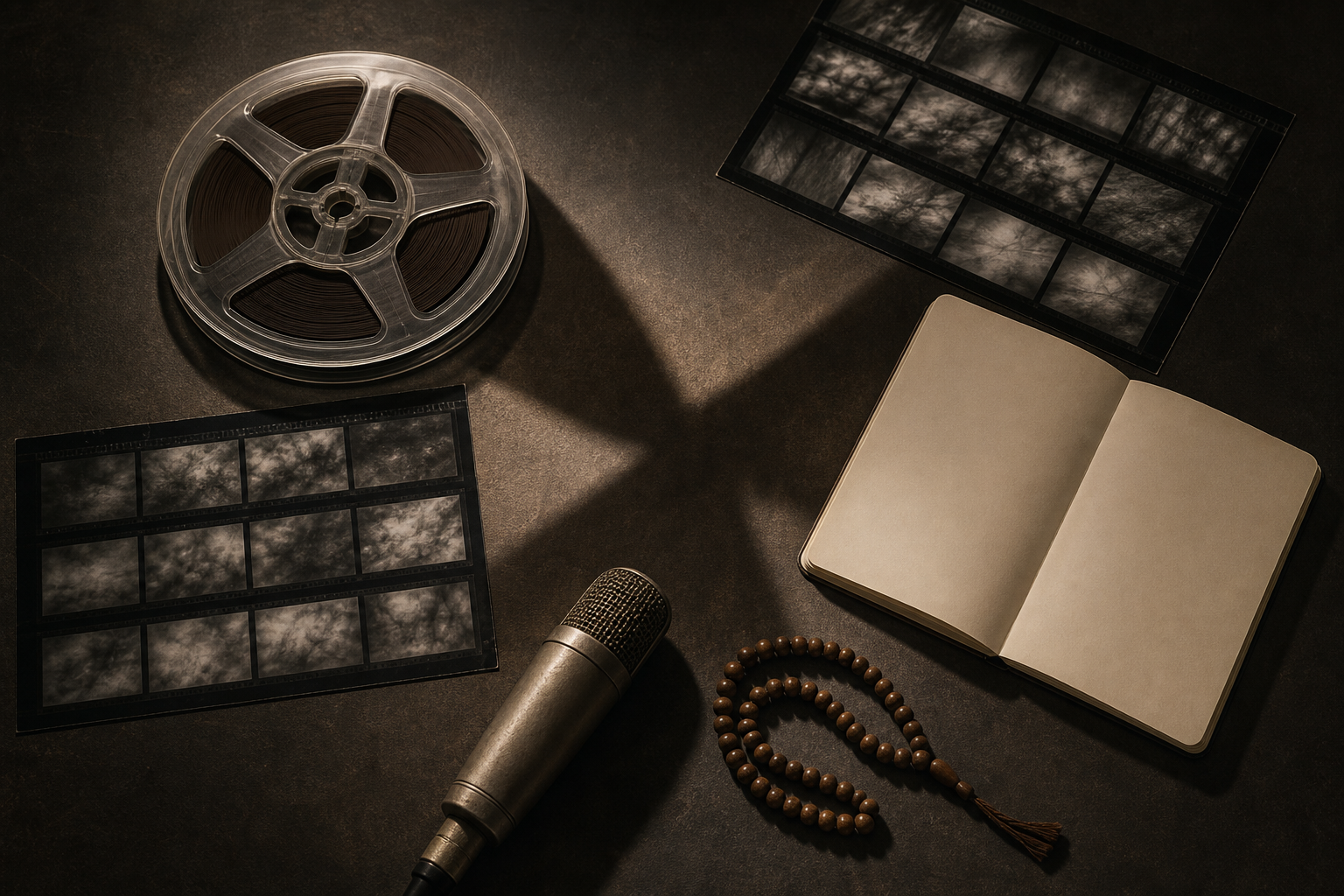 A reel of tape, blank notebook, microphone, prayer beads, and unmarked contact sheets lie on an archival table.