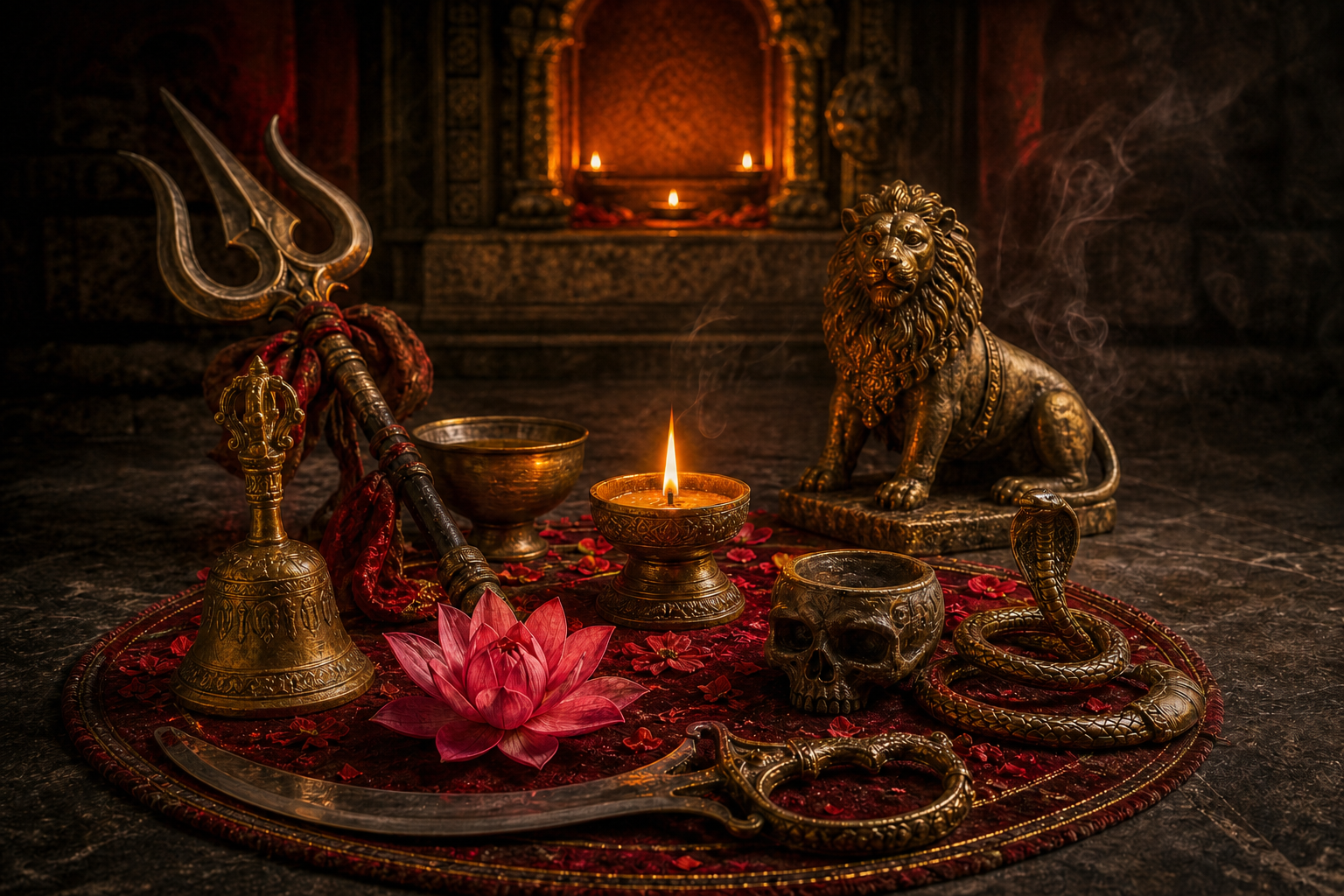 A trident, sword, bell, lotus, flame, ritual bowl, skull motif, serpent ornament, and lion figure are arranged before a dimly lit shrine niche.