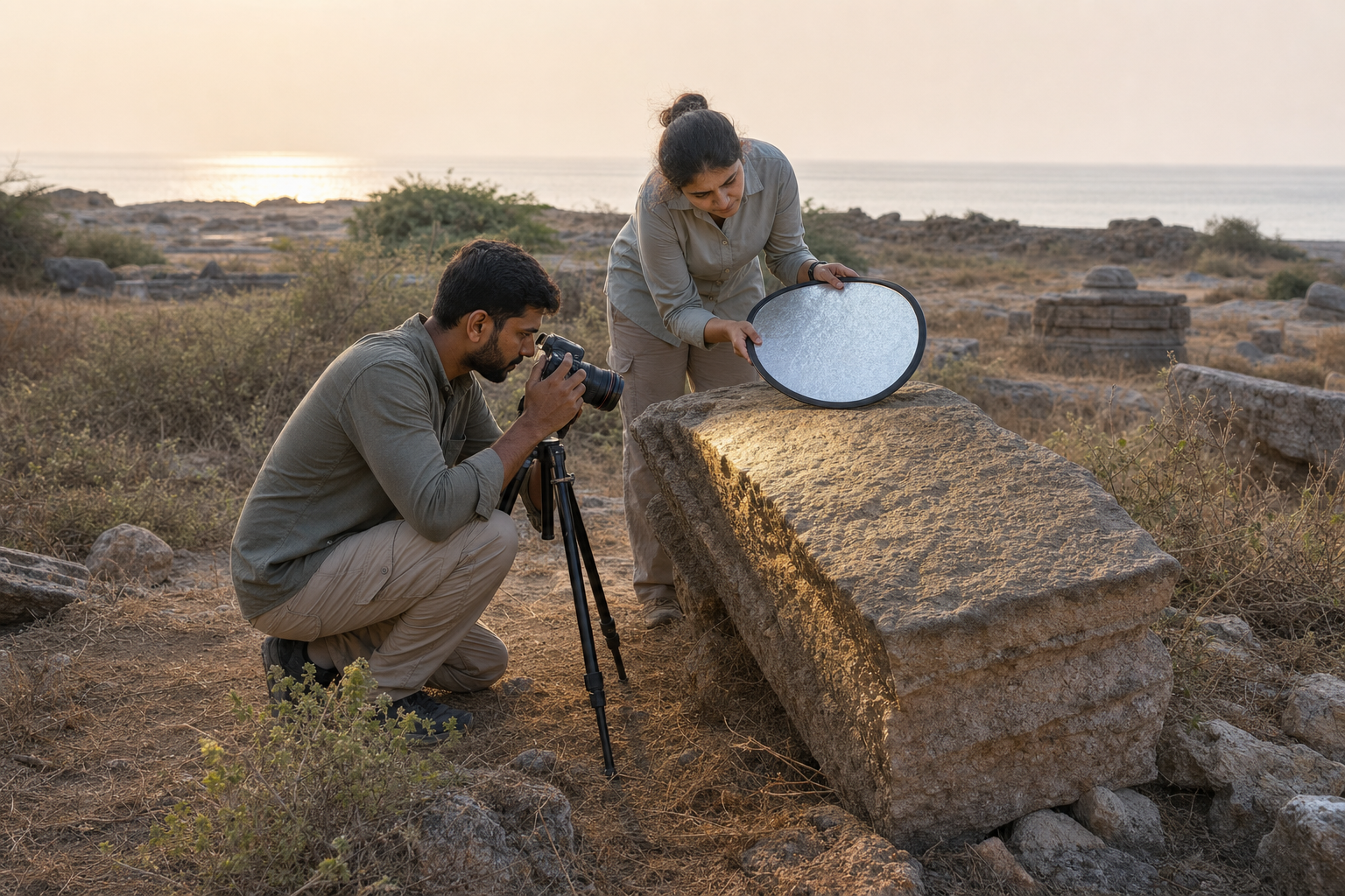 Heritage researchers document a weathered stone slab among temple foundations near the Saurashtra coast.