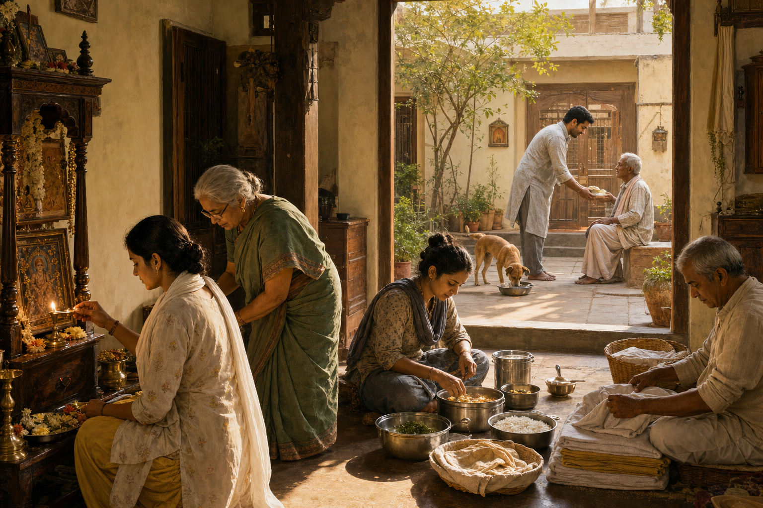 A family lights a lamp and prepares offerings at a home shrine while another person shares food with an elderly neighbor in the courtyard.