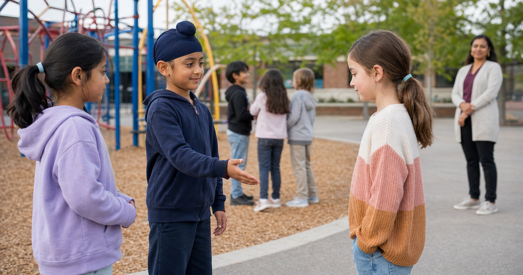 A Sikh child in a patka calmly invites an excluded classmate into a playground game while other children pause and a teacher watches nearby.