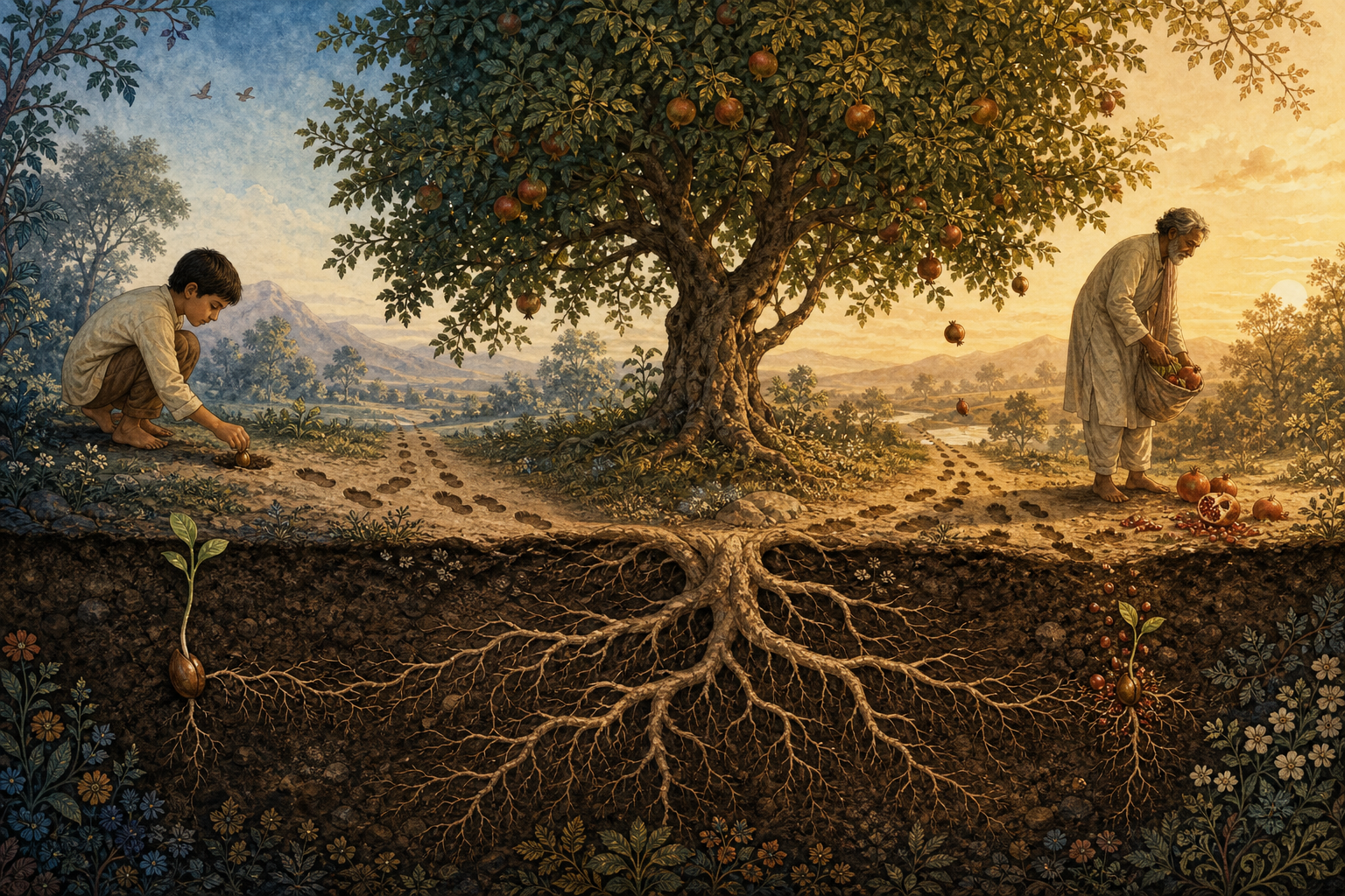 One continuous landscape shows a person planting a seed, roots feeding a tree, fruit falling, and new seeds forming beside a trail of footprints.