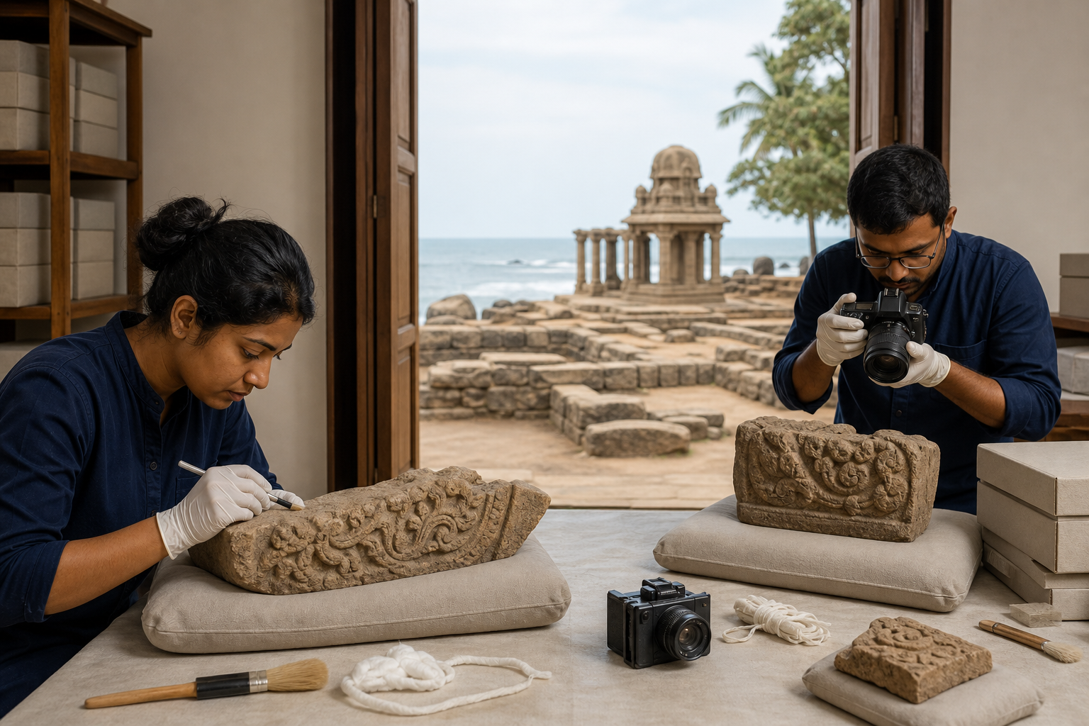 Conservators photograph and examine carved stone fragments while preserved coastal foundations remain visible outside.