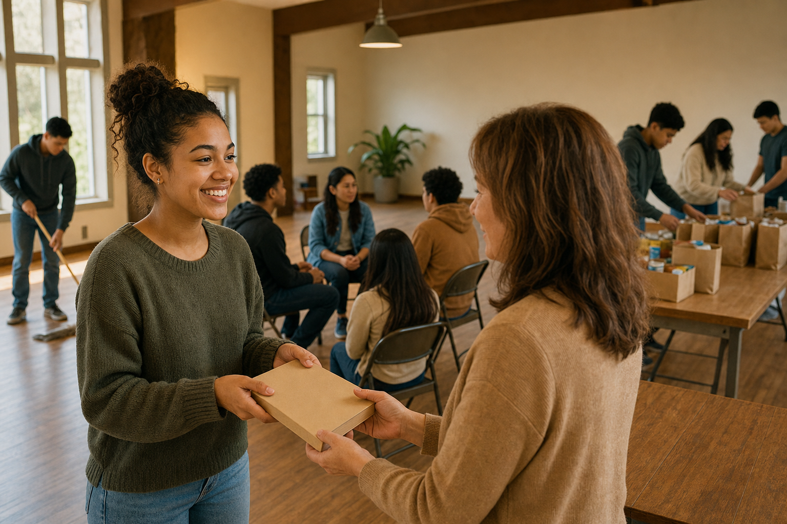 A young adult receives a book as peers take part in discussion, community service, and shared responsibilities in the background.