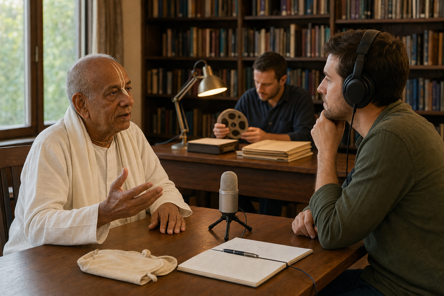 An older Vaishnava practitioner speaks into a microphone while a younger listener records the oral history in a quiet library.