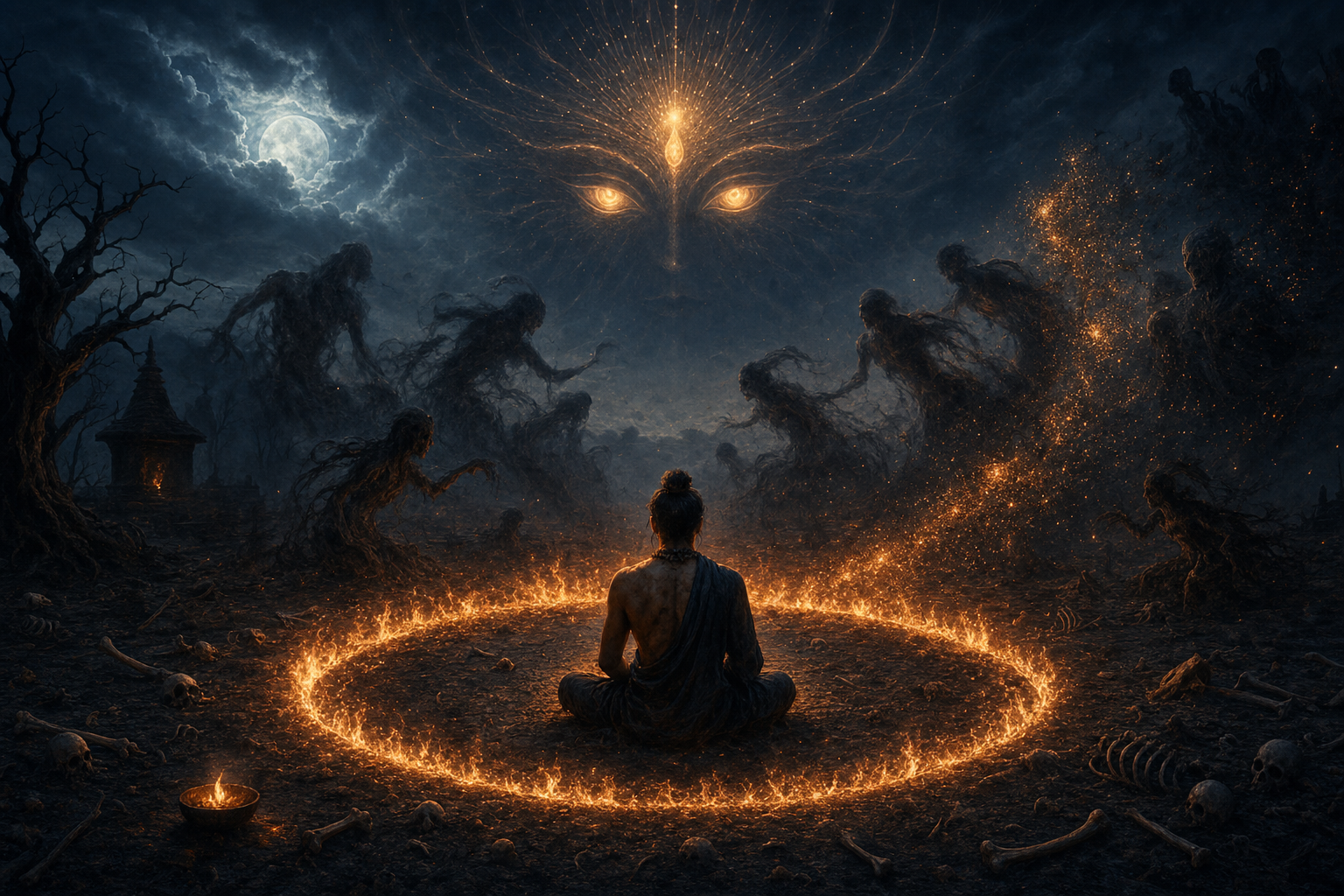 A solitary practitioner meditates inside a ring of fire as shadowy forms dissolve into sparks beneath a luminous feminine presence in the night sky.
