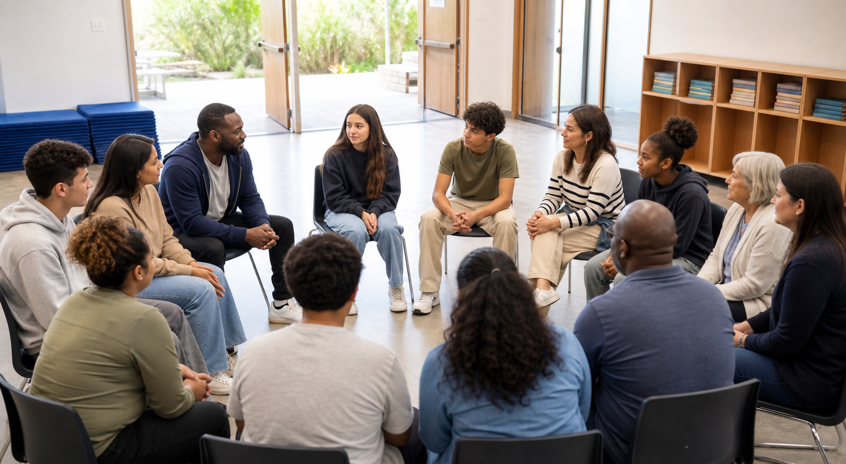 Teenagers, parents, mentors, and volunteers meet in an open circle with books and training mats visible nearby.