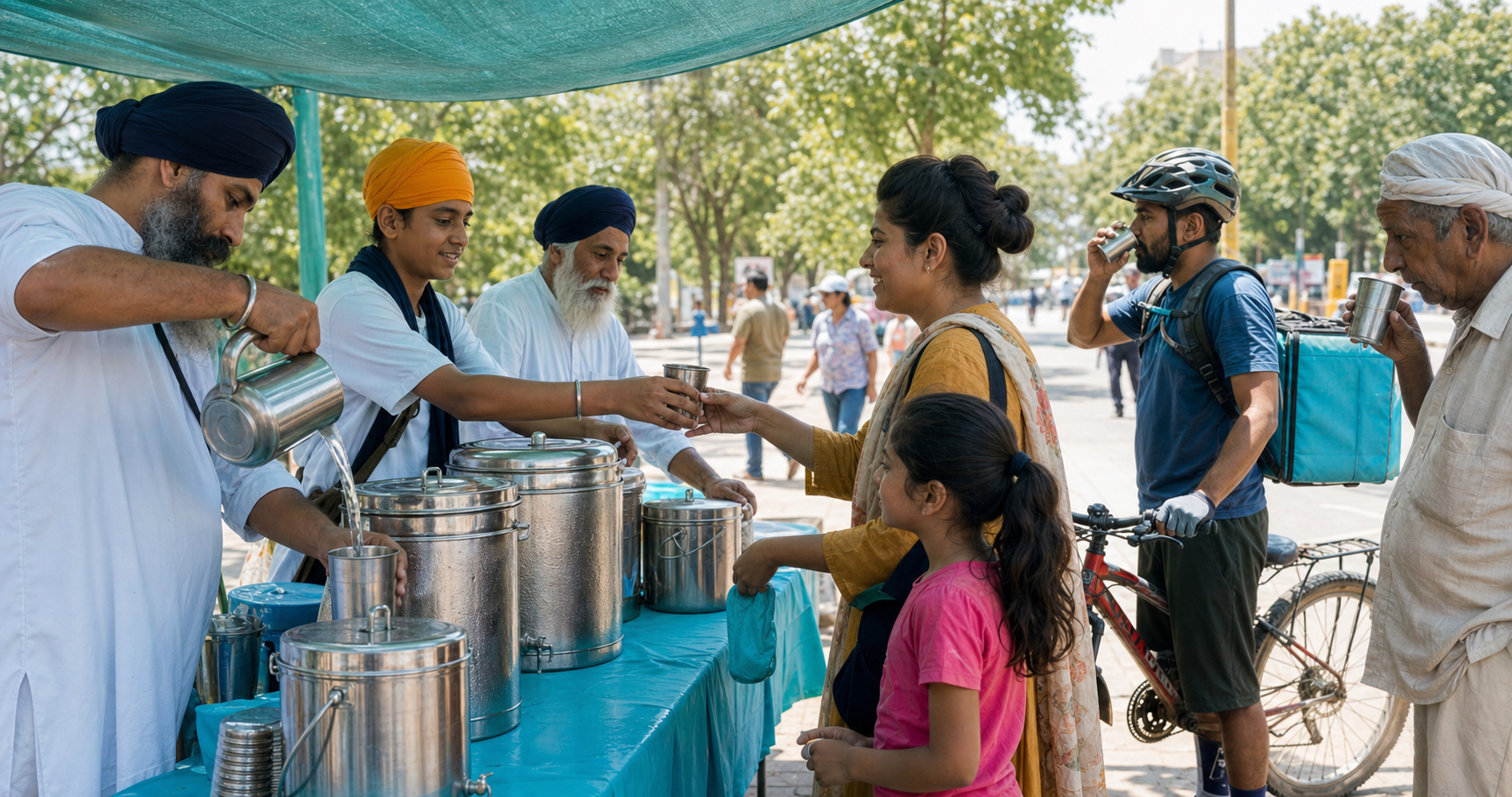 Sikh volunteers at a shaded outdoor chabeel serve cool drinks in reusable cups to pedestrians during hot weather.