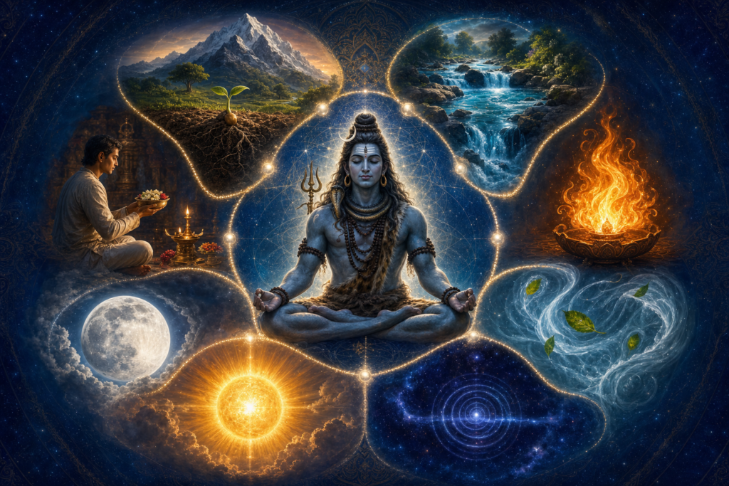 Shiva meditates at the center of a luminous cosmic mandala linking earth, water, fire, air, space, sun, moon, and a worshipper offering flowers.