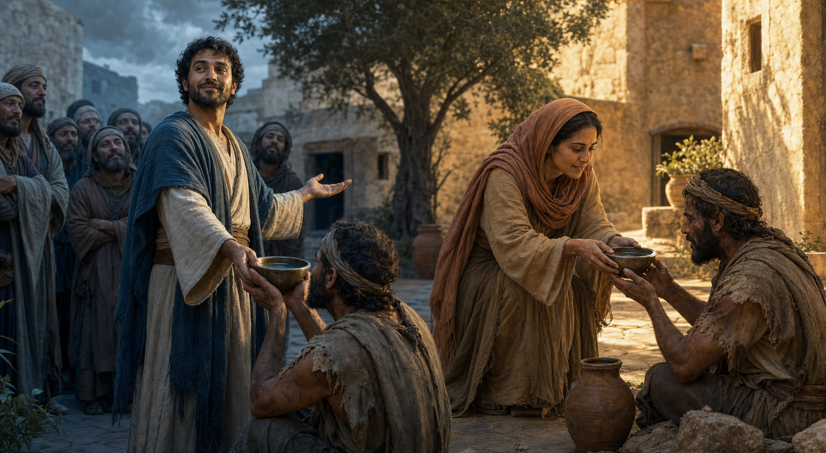 Two people offer bowls of water in similar courtyard scenes, one facing an onlooking crowd and the other focusing quietly on the thirsty recipient.