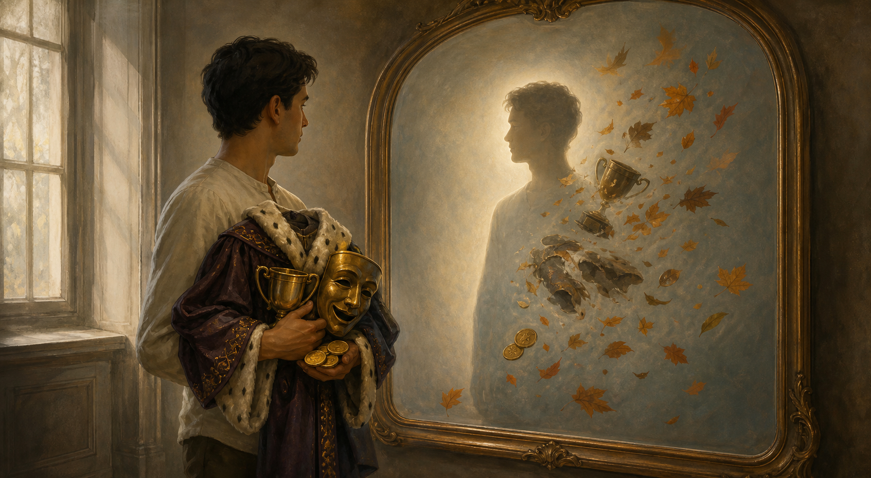 A person holding symbols of status faces a mirror in which the objects drift away while the person's silhouette remains.