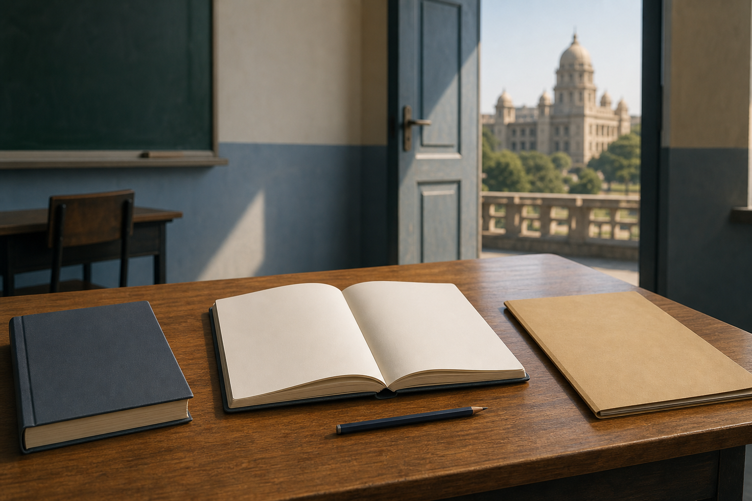 An open blank notebook, pencil, schoolbook, and unmarked official folder arranged on a classroom desk.