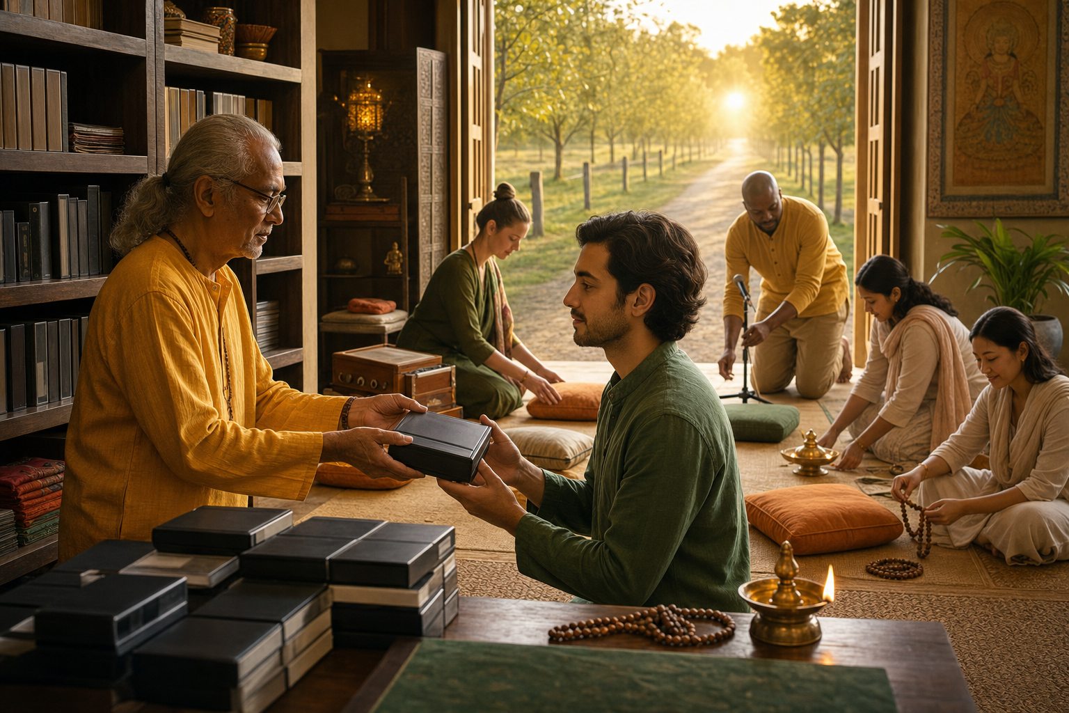 An older practitioner passes an archival audio case to a younger adult beside a devotional gathering space lit by dawn.