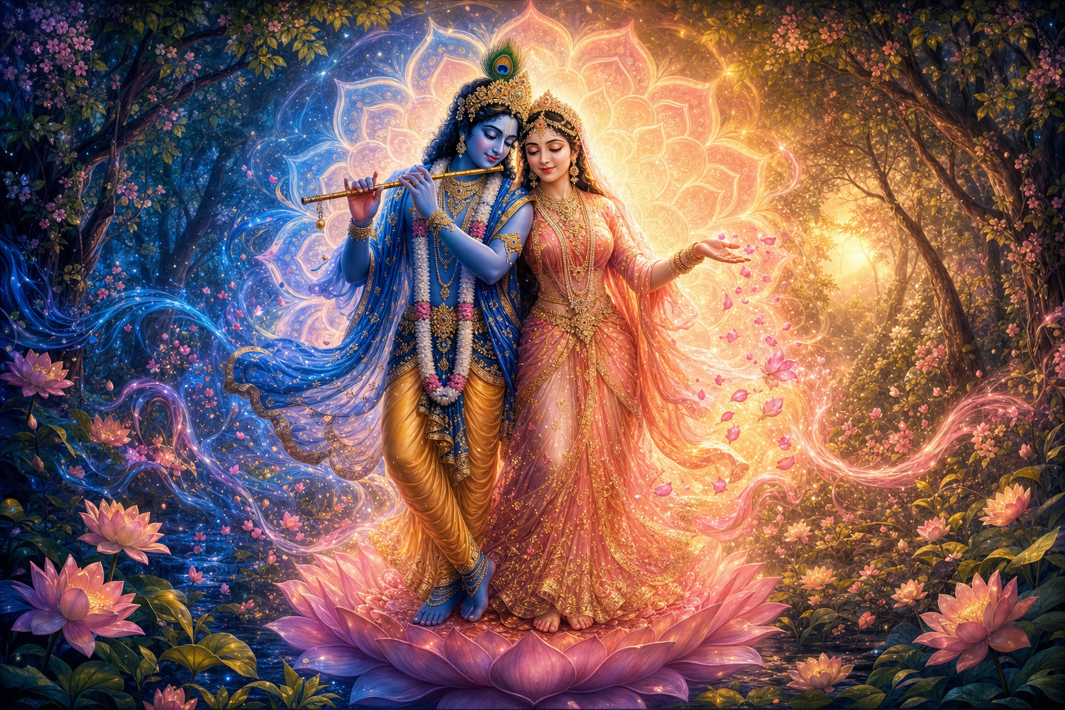 Radha and Krishna share an interwoven rose-gold and blue aura while lotus petals and light spread into the surrounding forest.