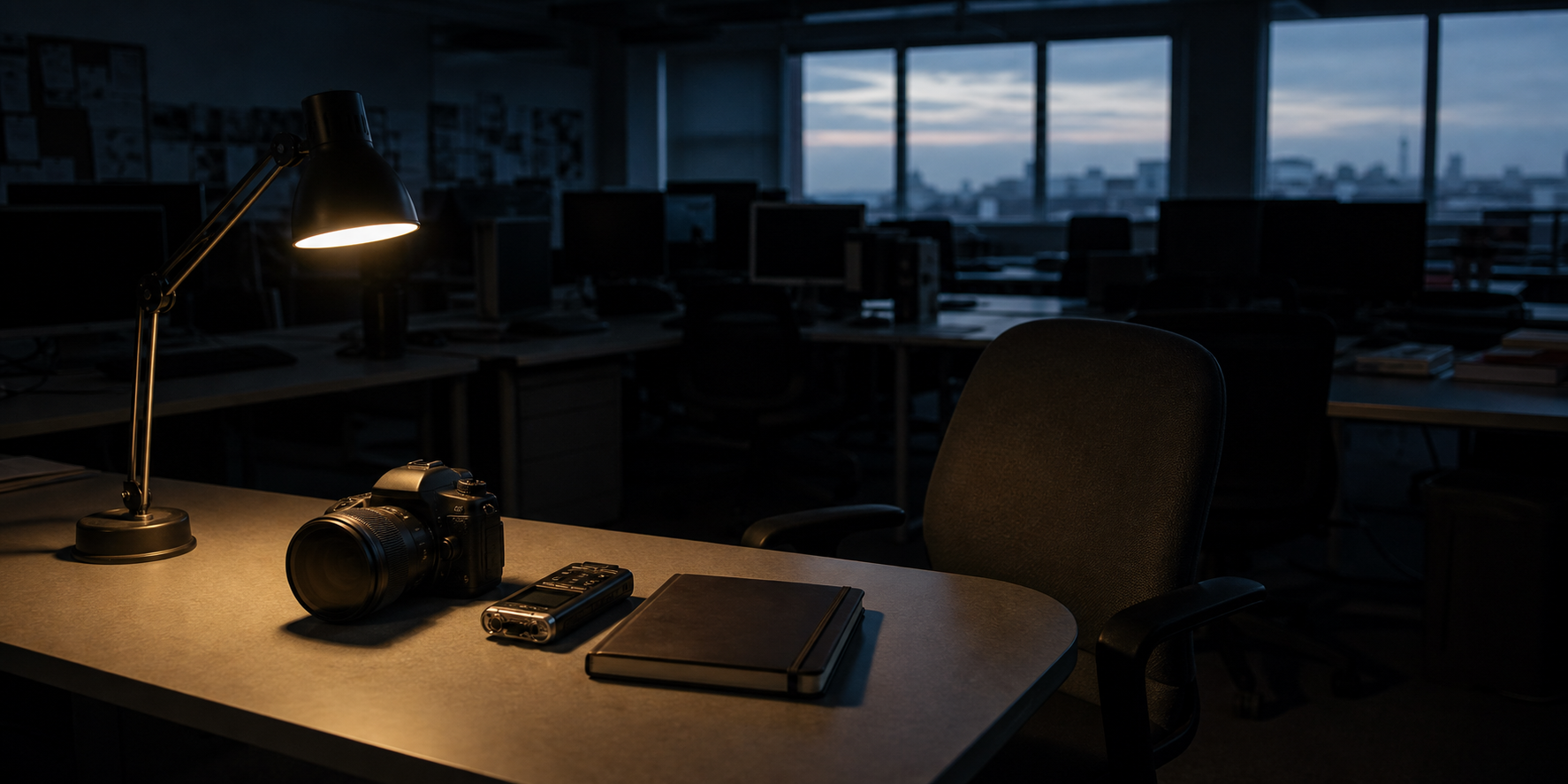 An empty newsroom desk holds a camera, audio recorder, and closed notebook beside a vacant chair in subdued predawn light.