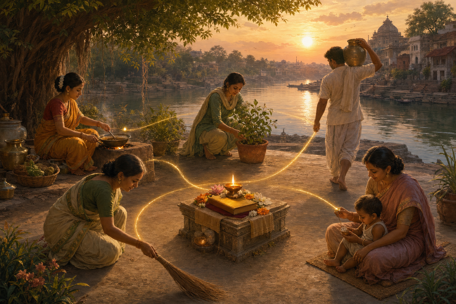 People cook, sweep, garden, carry water, and care for a child around a central altar with a lamp and flowers, connected by subtle golden light.
