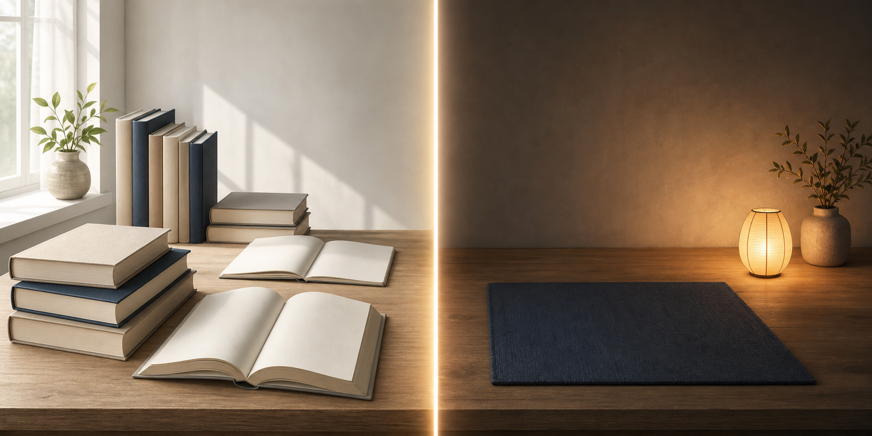 Reference books and an empty reflection space are separated by a band of light on a wooden table.