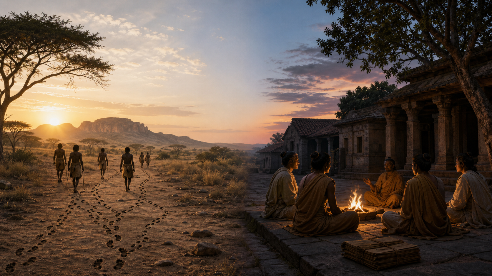 A divided illustration shows human silhouettes crossing an African savanna on one side and anonymous scholars gathered around a fire in an ancient Indian courtyard on the other.