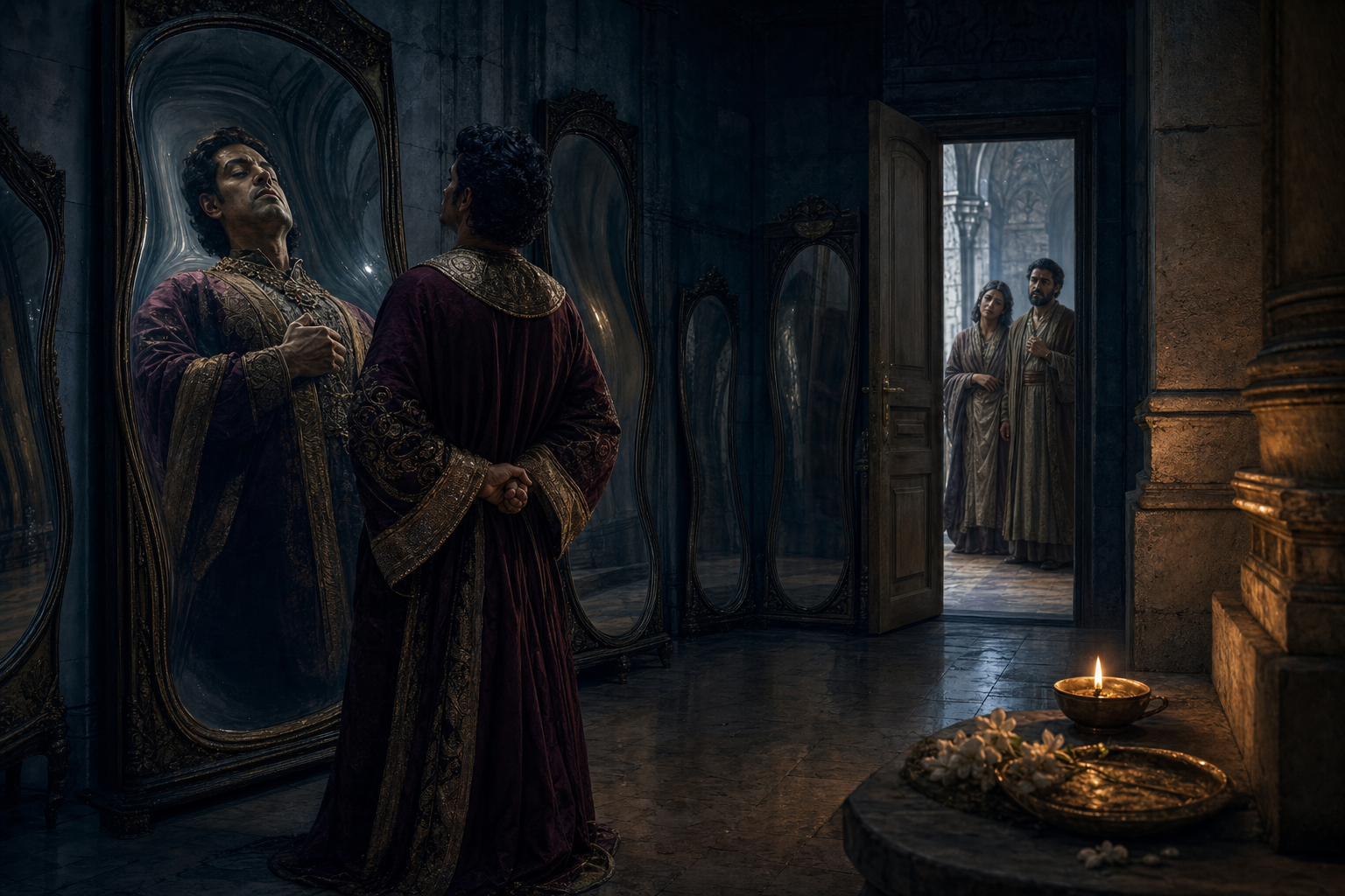 A richly dressed person stands before distorted mirrors while two companions wait beyond a doorway and a small devotional lamp burns nearby.