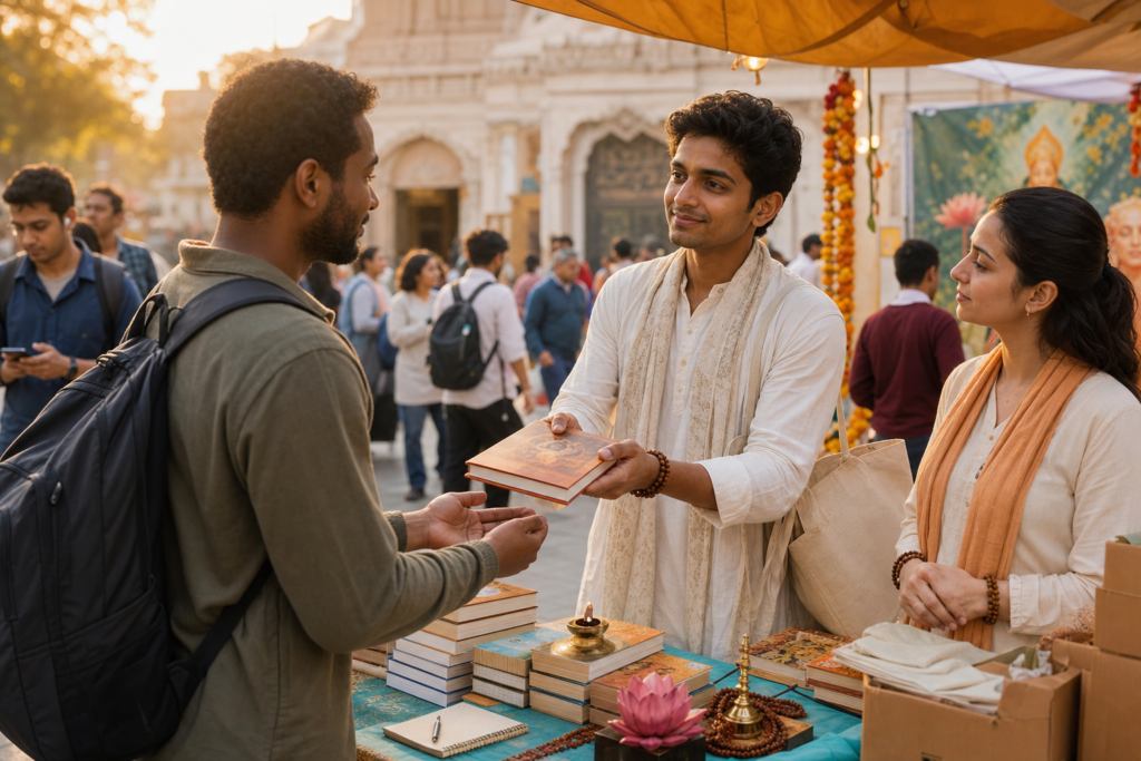 Volunteer gently offering a spiritual book to a passerby at a community festival booth