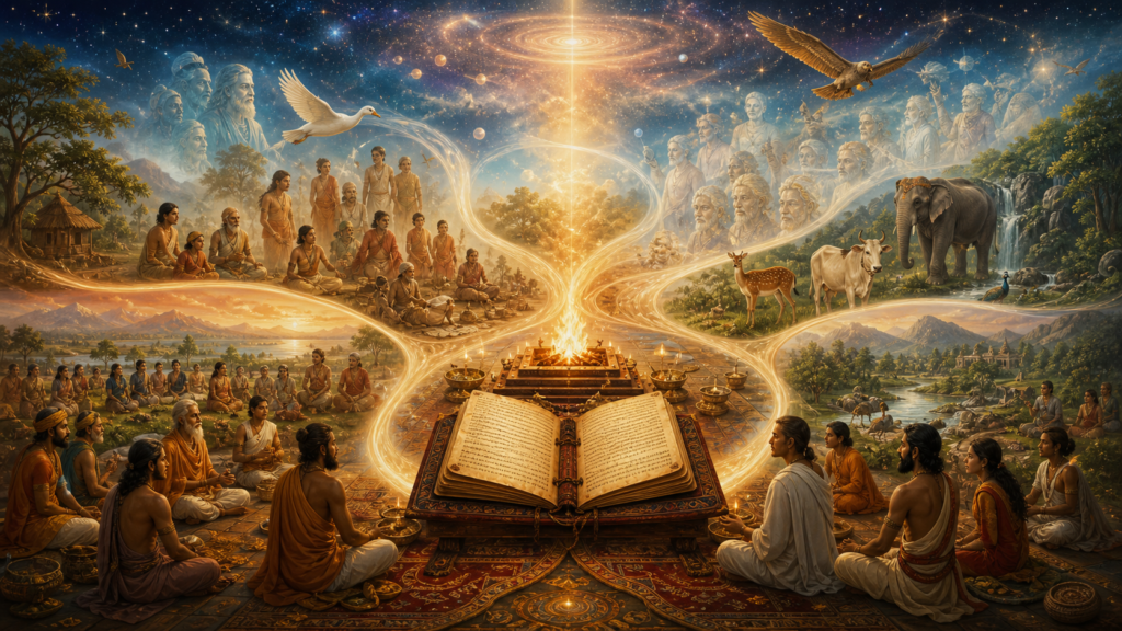 Vedic sages gather around an open scripture and sacred fire as five golden streams connect ancestors, animals, birds, landscapes and a cosmic sky.