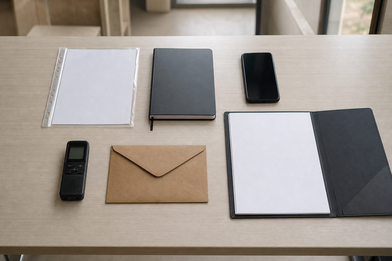 A blank assignment sheet, school planner, phone, recorder, envelope, and case folder are arranged on a desk.
