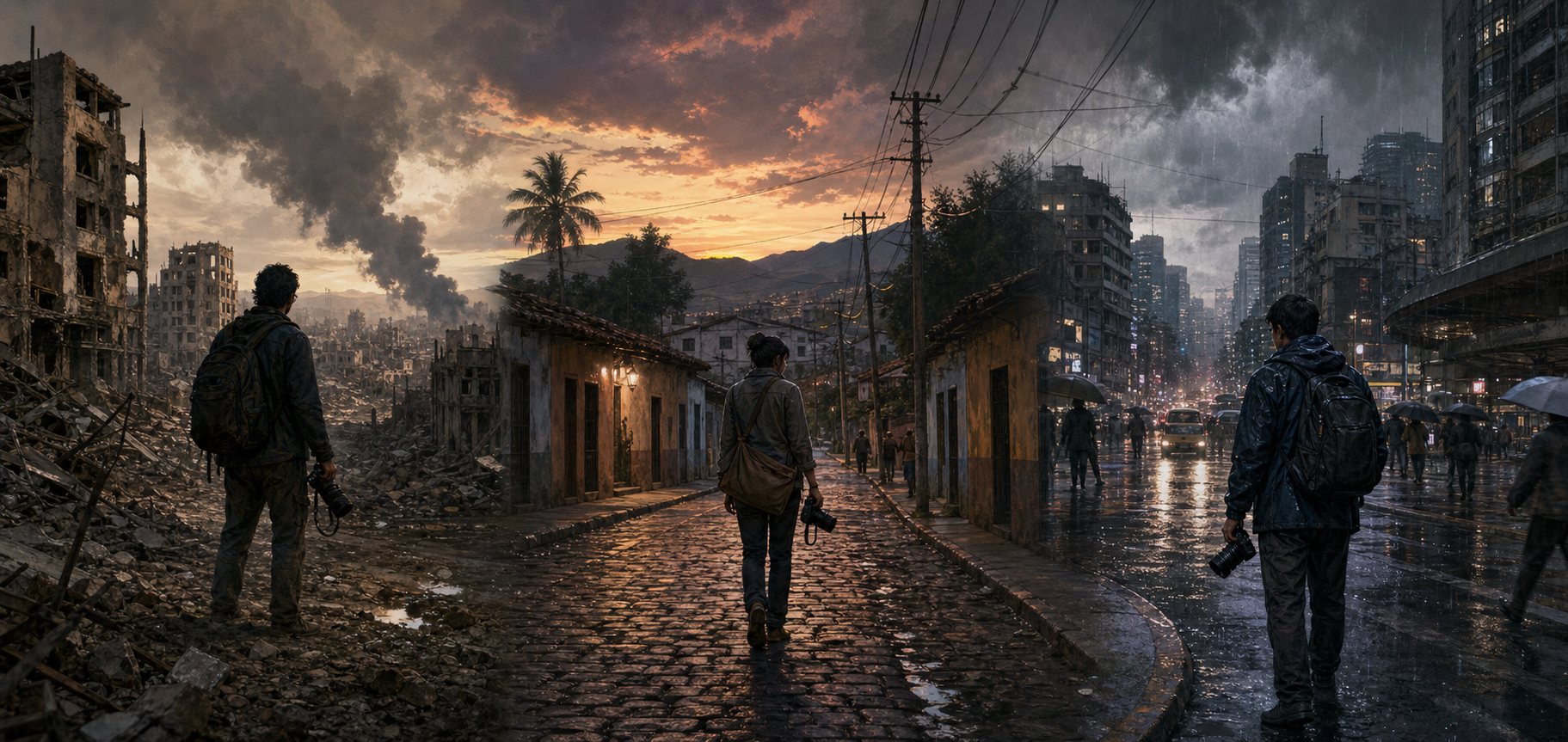 A continuous illustrated landscape shows anonymous reporters in a damaged urban district, a provincial street at dusk, and a crowded Asian city.
