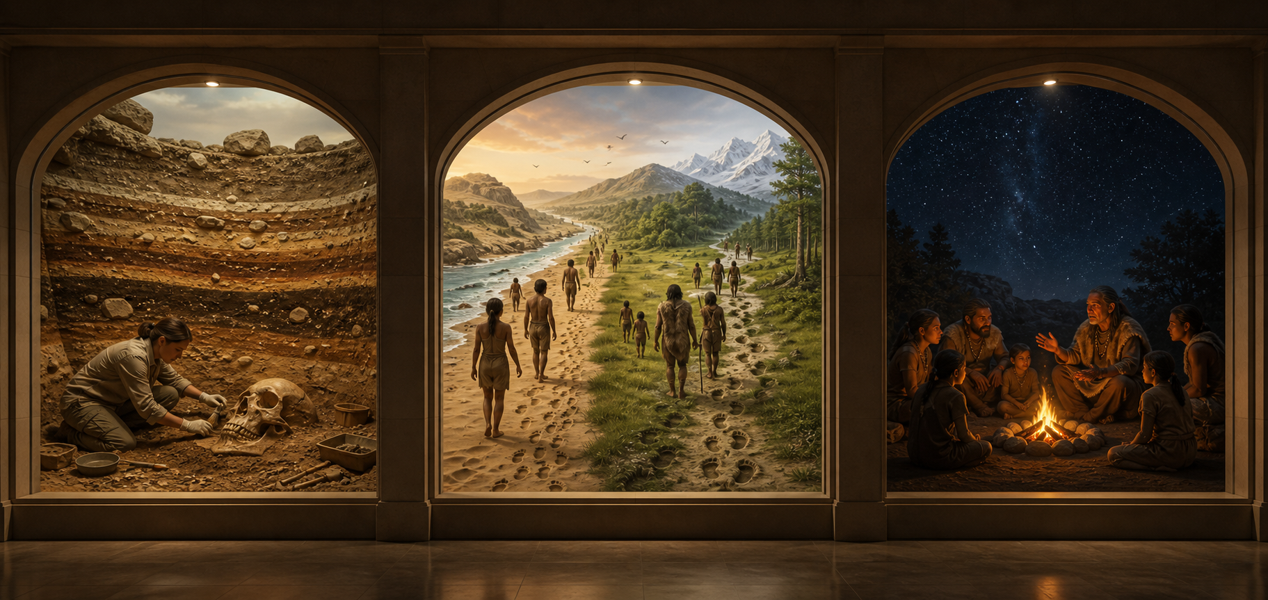 Three separate museum-like alcoves depict a fossil excavation, groups moving through varied landscapes, and an oral teaching circle around a fire.