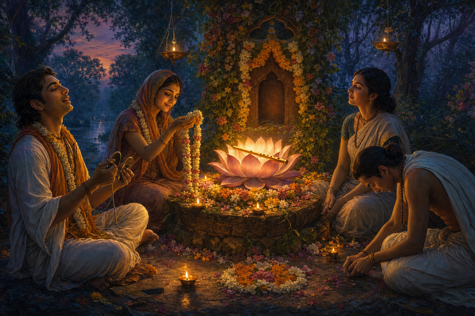 Devotees sing, offer a garland, listen, and bow around a softly illuminated lotus seat in a forest shrine.