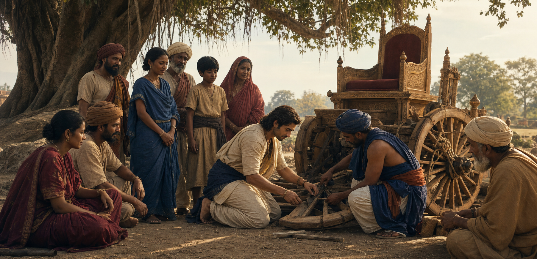 A royal traveler kneels beside a charioteer to repair a wooden wheel while an empty elevated seat remains on the chariot.