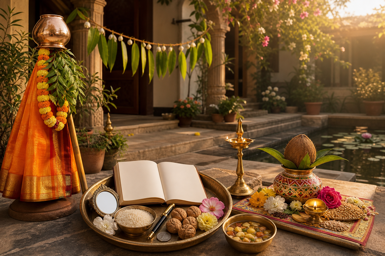 A spring courtyard still life with a Maharashtrian gudi, Kashmiri Navreh tray, Ugadi festival foods and a Sindhi Cheti Chand water-pot arrangement.