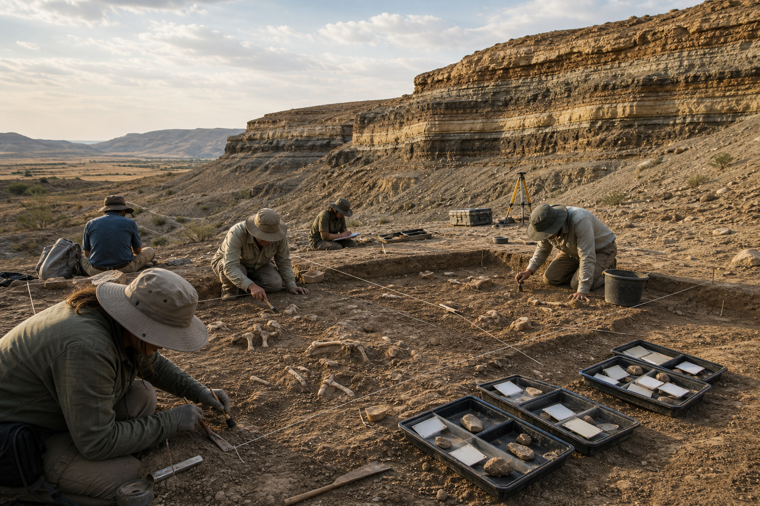 Researchers excavate fragmentary bones and stone flakes from layered sediment in an African rift landscape.
