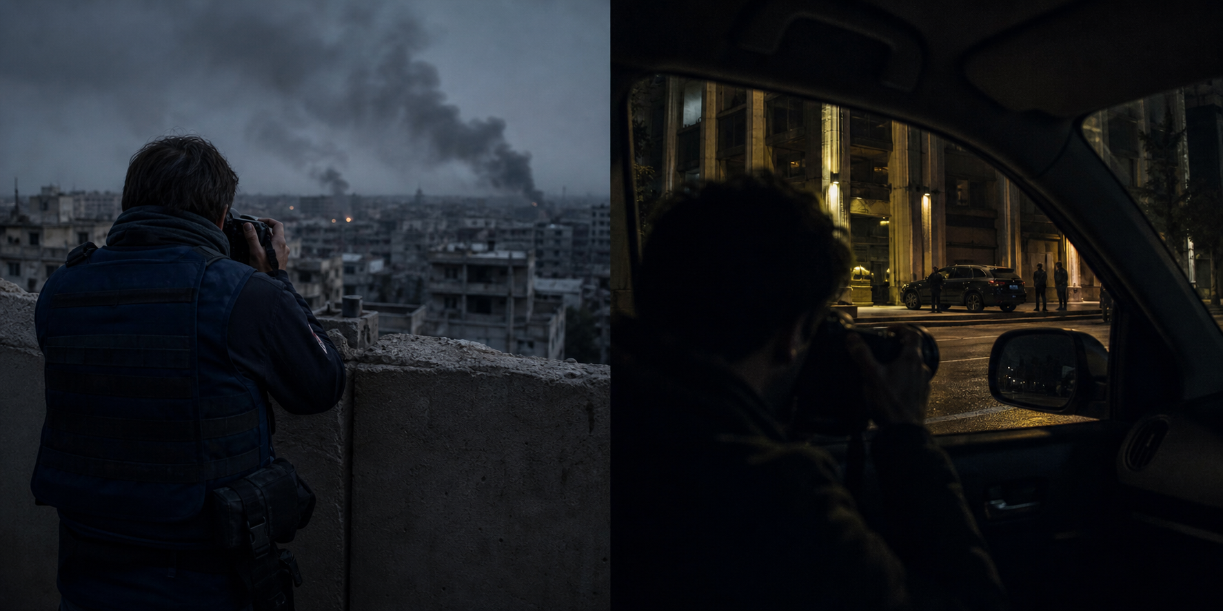 A split scene shows one reporter near a war-damaged city and another documenting a municipal building while being watched from a distance.