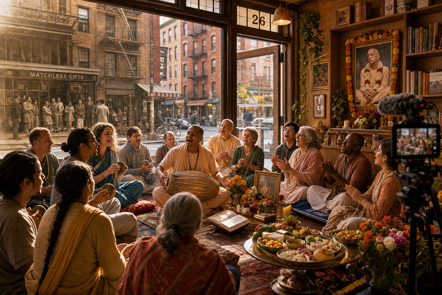 Multigenerational devotees sing kirtan with a mridanga and hand cymbals inside Matchless Gifts at 26 Second Avenue in New York City.