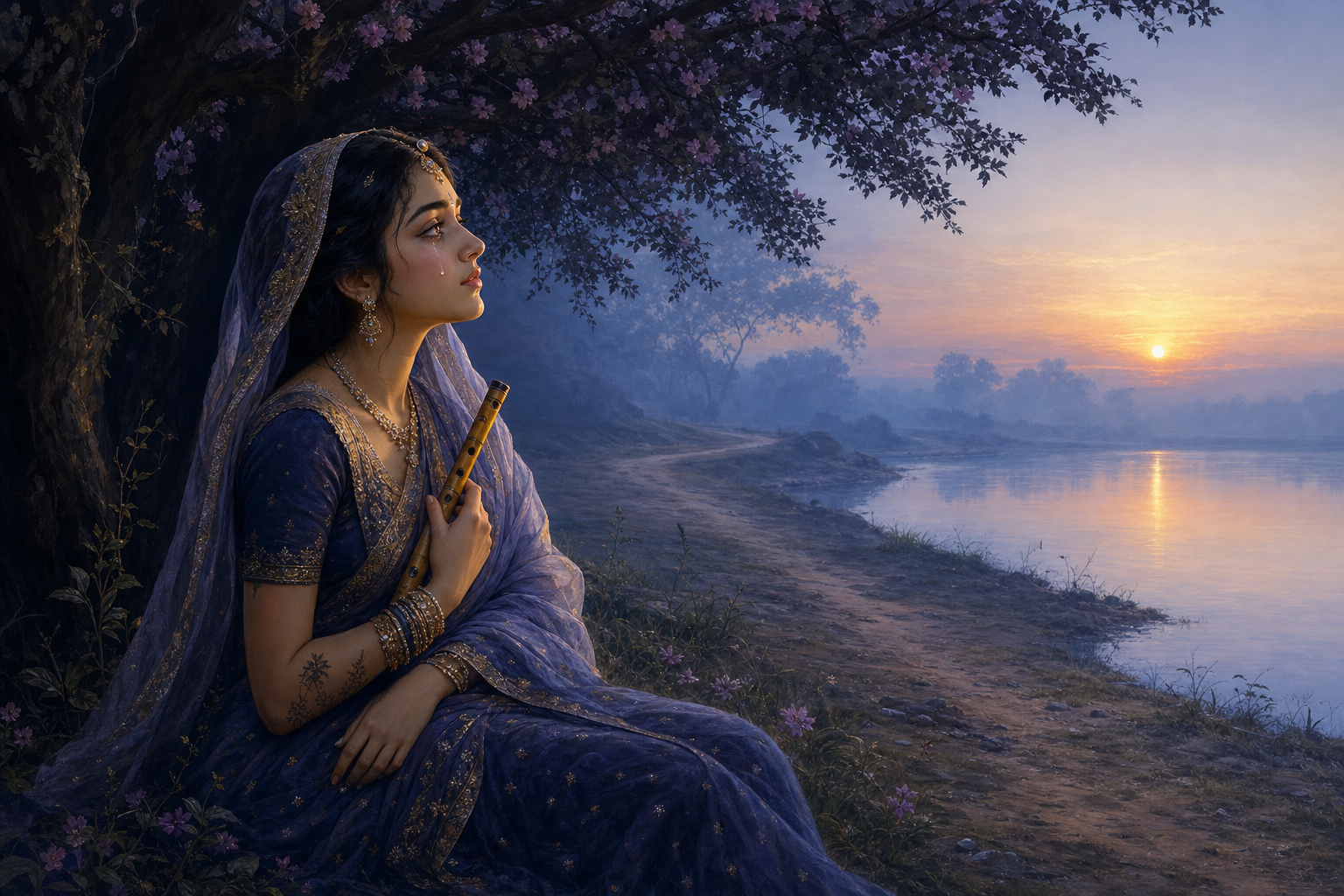 Radha sits alone beneath a flowering tree by the Yamuna, holding a flute as a tear catches the dawn light.
