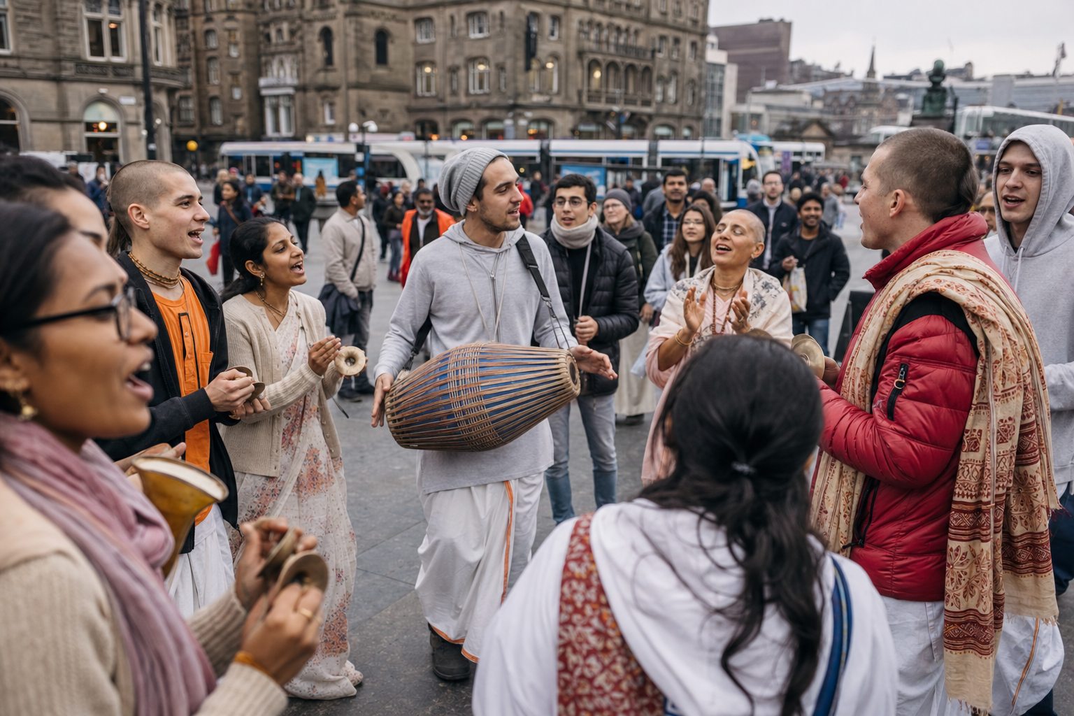 Devotees sing and play a drum and hand cymbals in a city square as passersby stop to listen.