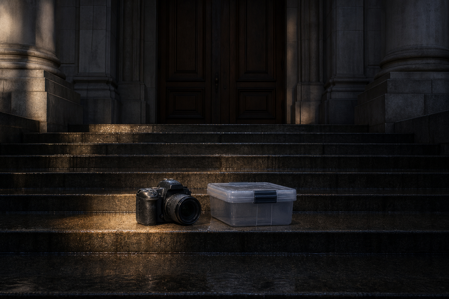 A scuffed camera and an unopened evidence container sit on wet courthouse steps before tall closed doors.