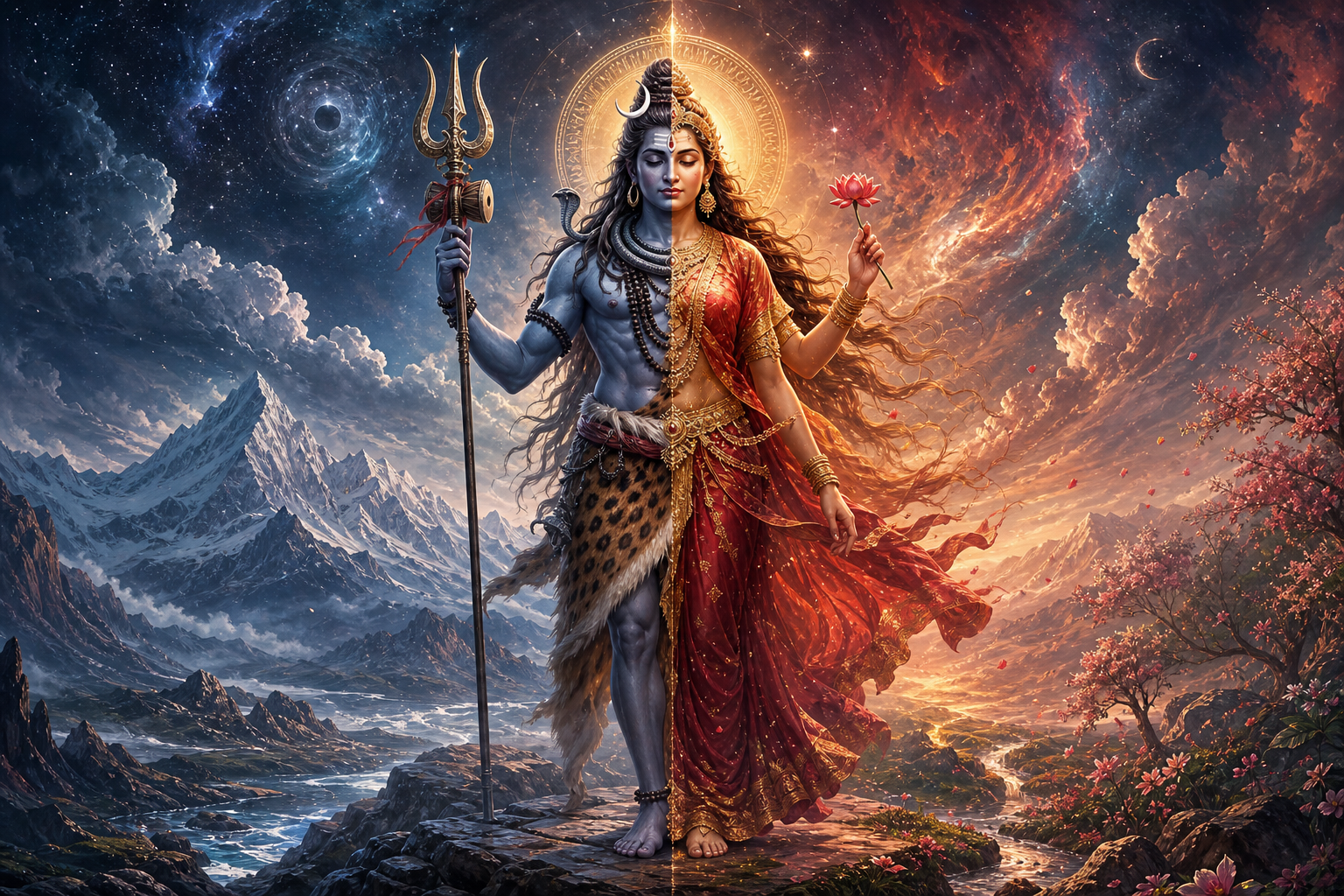 Ardhanarishvara stands as a single half-Shiva, half-Shakti figure between a still mountain landscape and a field of flame and flowers.