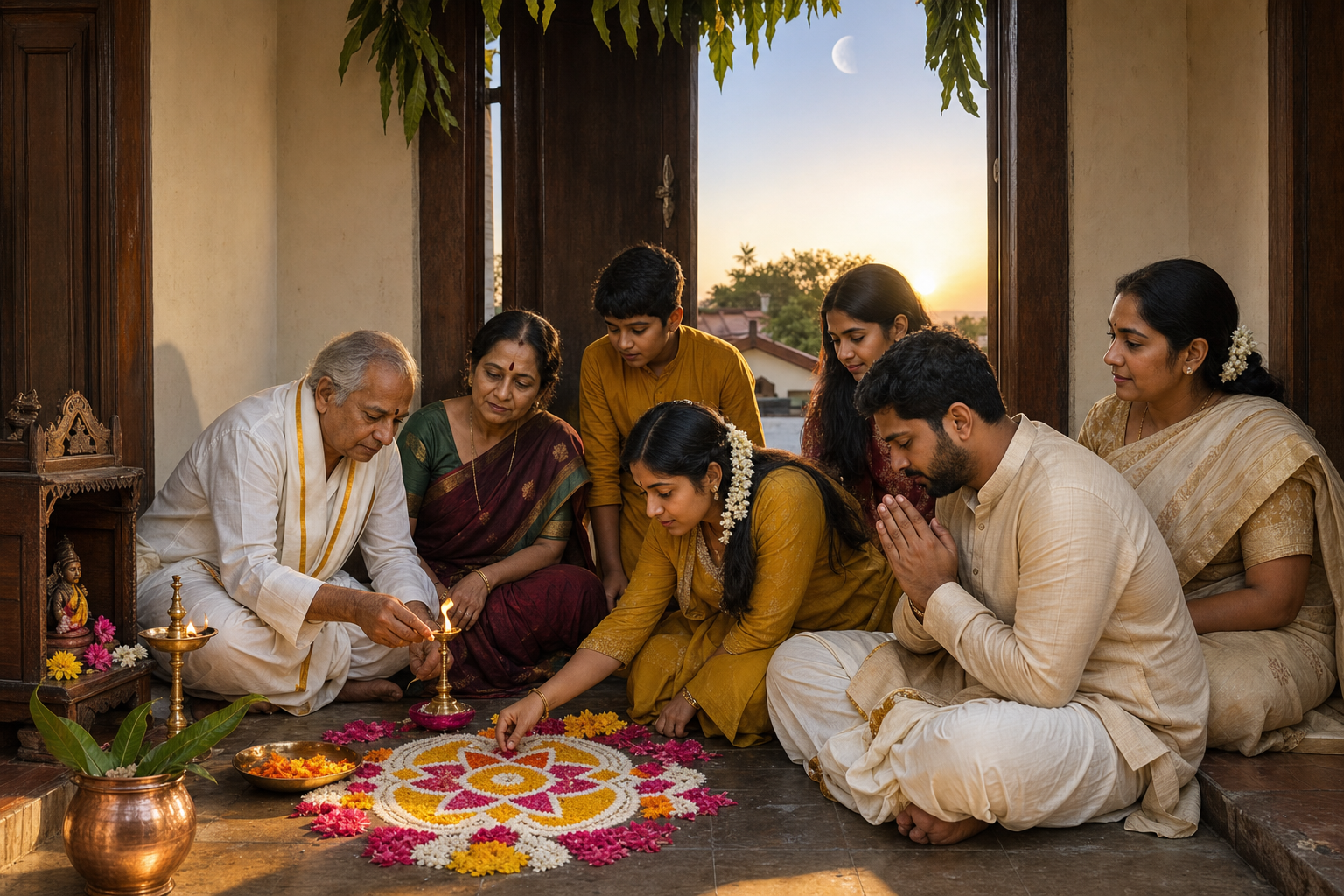 A family lights an oil lamp and offers flowers at their decorated home threshold as the spring sun rises.