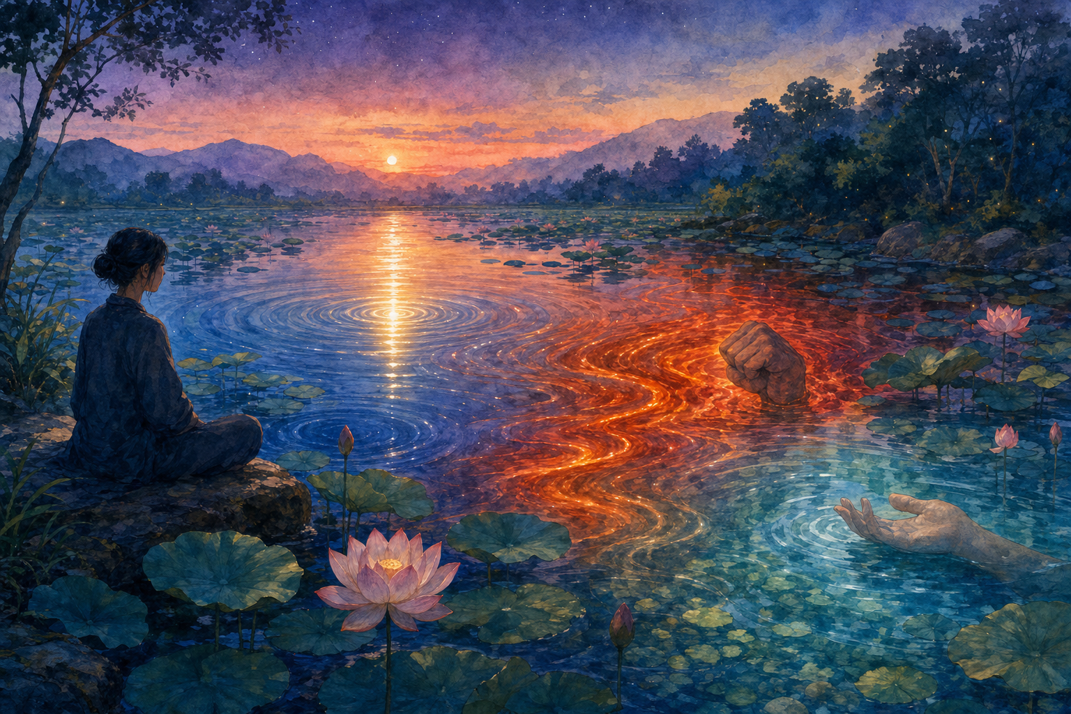 A seated person observes pond ripples that shift from a gentle glow to turbulent waves and then return to calm water.