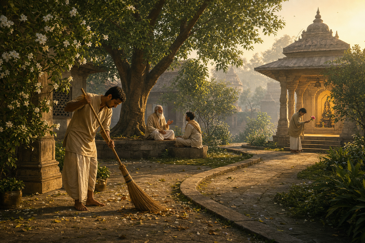 A temple courtyard shows one person sweeping leaves, another listening to an elder, and a third offering a flower at a shrine.