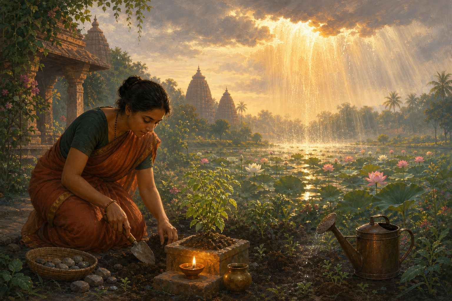 A devotee tends soil and young plants in a temple garden while sunlit monsoon rain opens lotuses on a nearby pond.