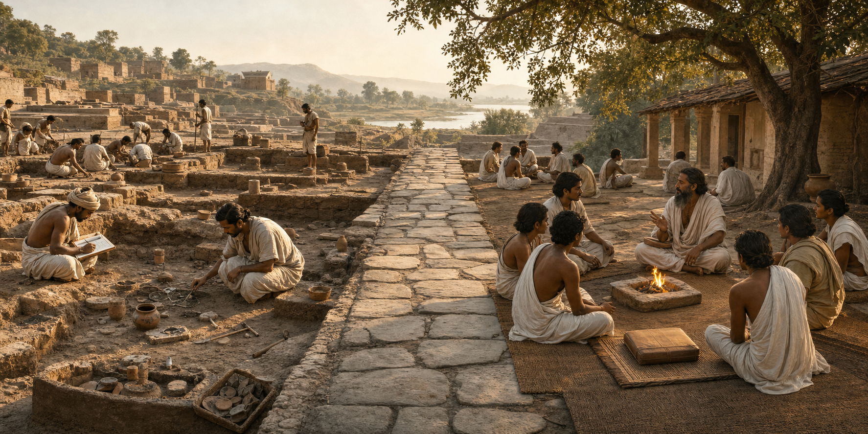 A panoramic illustration shows archaeologists studying artifacts on one side of a stone walkway and an oral teaching circle in a courtyard on the other.