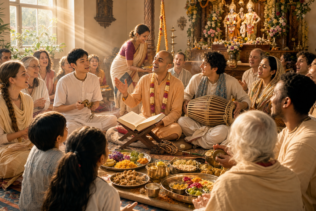 Editorial illustration of a diverse congregation singing kirtan around a Vaishnava teacher, mridanga drum, scripture and prasadam in a sunlit temple.