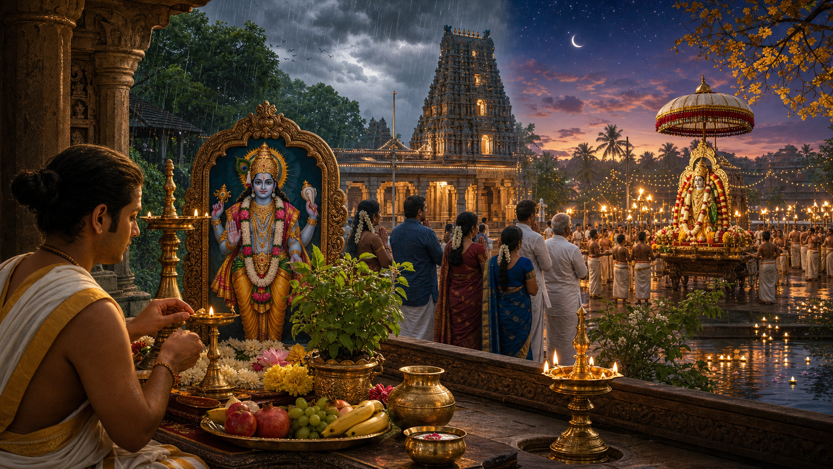 A household Vishnu altar, temple darshan and lamp-lit deity procession arranged in a continuous devotional scene.