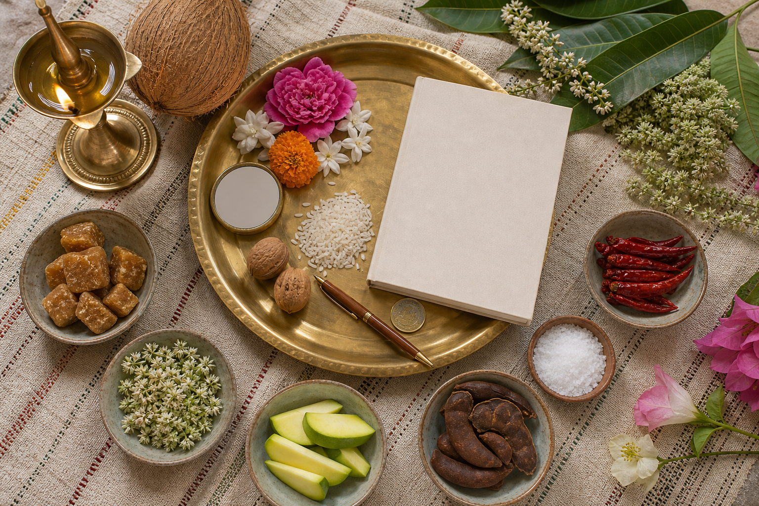 An overhead arrangement of rice, walnuts, mirror, coin, flowers, ritual vessels and bowls of sweet, bitter, sour, salty and spicy ingredients.